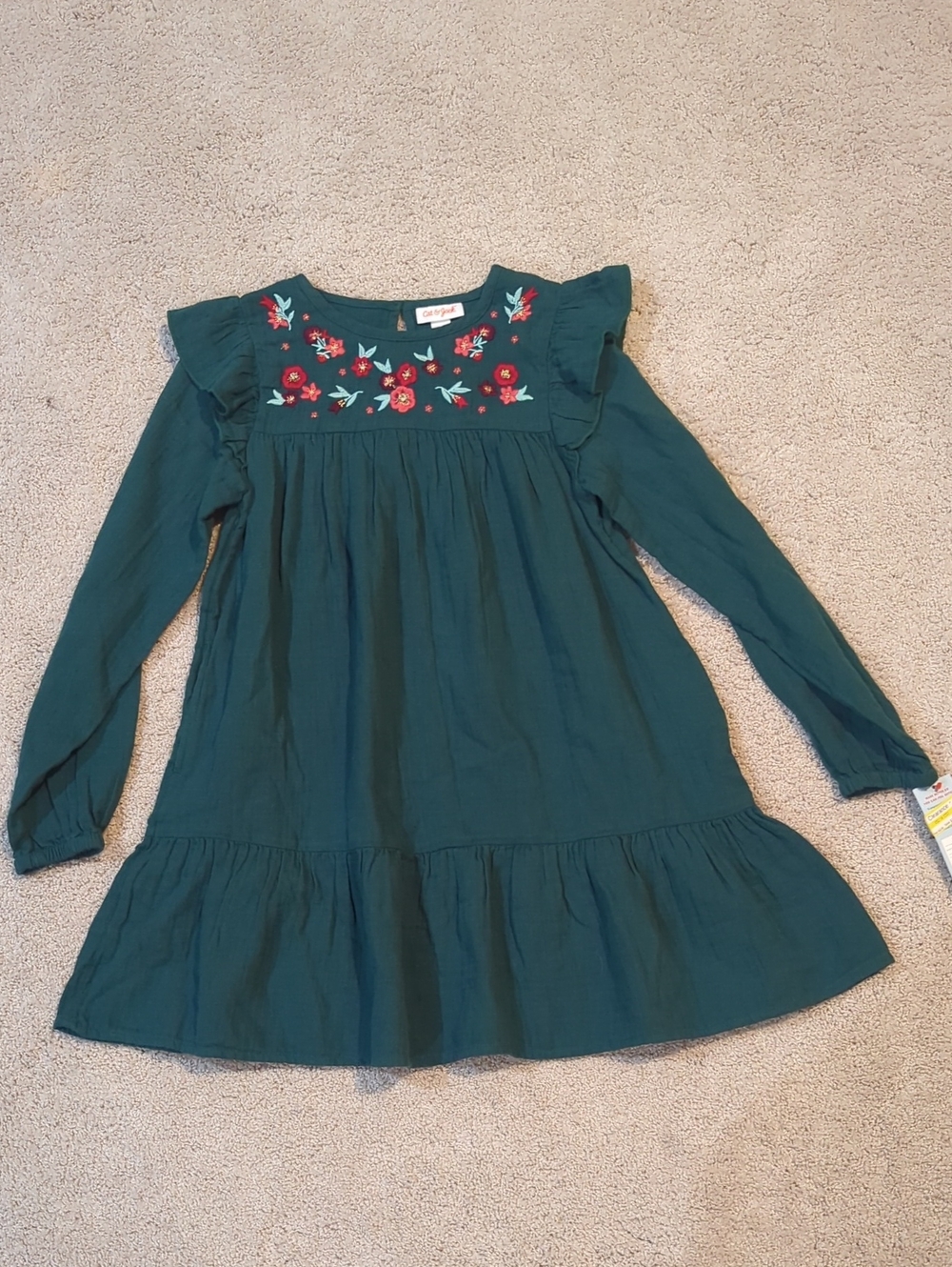 Cat‎ & Jack Dark Teal Long-Sleeve Dress with Floral Embroidery